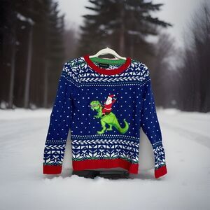Blizzard Bay Ugly Christmas Sweater Women's Large 14-16 Blue Red Santa T-Rex